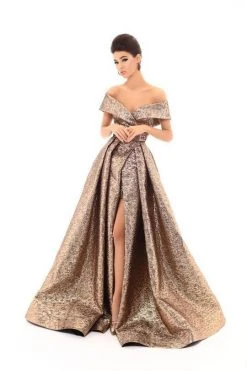 Tarik Ediz - 93621 Off-Shoulder Jacquard Sheath Gown With Overskirt