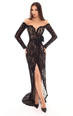 Tarik Ediz - 93625 Long Sleeve Illusion Lace Surplice Evening Dress Formal Gowns