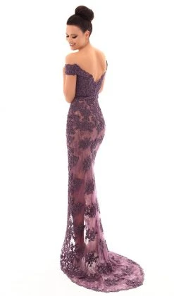 Tarik Ediz - 93632 Embroidered Plunging Off-Shoulder Sheath Dress