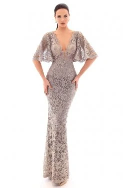 Tarik Ediz - 93640 Lace Plunging V-Neck Bat Evening Dress