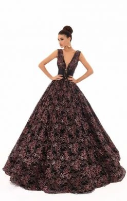 Tarik Ediz - 93641 Plunging Floral Lace Obi Ballgown
