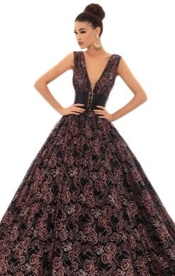 Tarik Ediz - 93641 Plunging Floral Lace Obi Ballgown