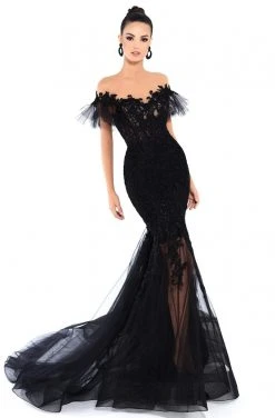 Formal Gowns Tarik Ediz - 93645 Bedazzled Illusion Neck Mermaid Dress With Train