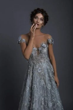 Tarik Ediz - 93654 Floral Applique Illusion Neck A-line Dress Formal Gowns