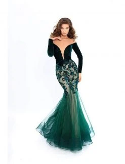 Tarik Ediz - 93657 Velvet Long Sleeve Floral Applique Mermaid Dress