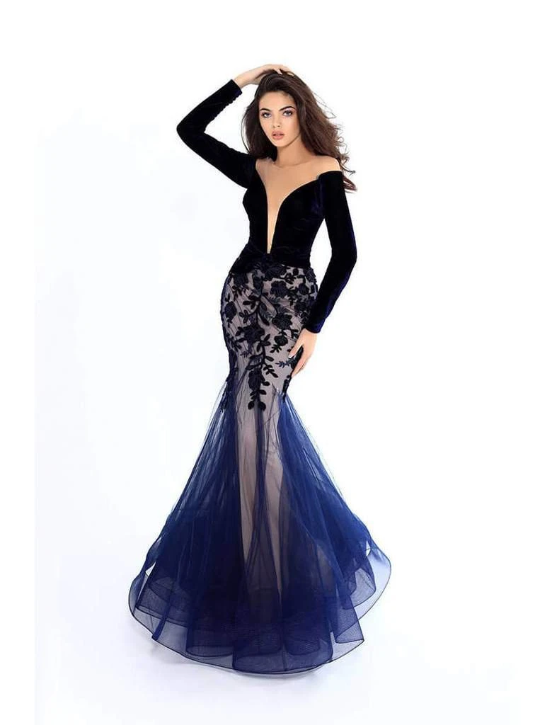 Tarik Ediz - 93657 Velvet Long Sleeve Floral Applique Mermaid Dress 8 Tarik Ediz - 93657 Velvet Long Sleeve Floral Applique Mermaid Dress