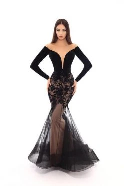 Tarik Ediz - 93657 Velvet Long Sleeve Floral Applique Mermaid Dress