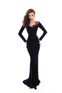 Tarik Ediz - 93663 Floral Applique Long Sleeve Velvet Trumpet Dress