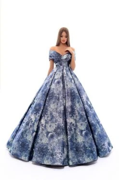 Tarik Ediz - 93674 Floral Patterned Off-Shoulder Pleated Ballgown Formal Gowns