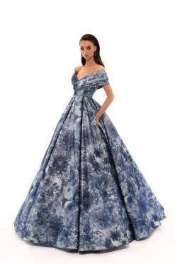 Tarik Ediz - 93674 Floral Patterned Off-Shoulder Pleated Ballgown Formal Gowns