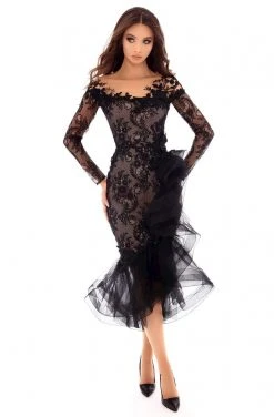 Tarik Ediz - 93679 Embellished Lace Long Sleeve Tulle Trumpet Dress Plus Size Dresses