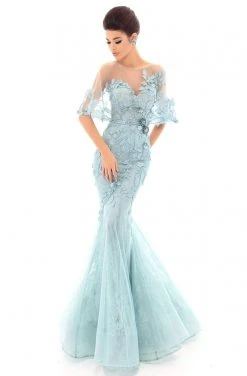 Formal Gowns Tarik Ediz - 93694 Illusion Draped Trailing Foliage Lace Gown