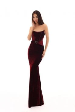 Formal Gowns Tarik Ediz - 93696 Strapless Modified Scoop Velvet Sheath Dress 9 Formal Gowns Tarik Ediz - 93696 Strapless Modified Scoop Velvet Sheath Dress