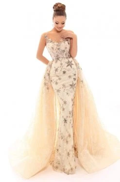 Formal Gowns Tarik Ediz - 93703 Sequined Star Sheath Dress With Overskirt