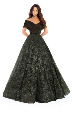 Tarik Ediz - 93712 Surplice Off Shoulder Glitter Floral Ballgown Formal Gowns