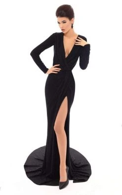 Formal Gowns Tarik Ediz - 93717 Plunging Long Sleeves Gown With Slit