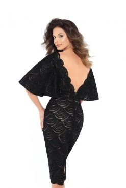 Plus Size Dresses Tarik Ediz - 93725 Lace Scalloped Deep V-neck Sheath Dress