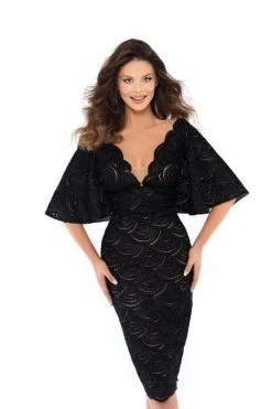 Plus Size Dresses Tarik Ediz - 93725 Lace Scalloped Deep V-neck Sheath Dress