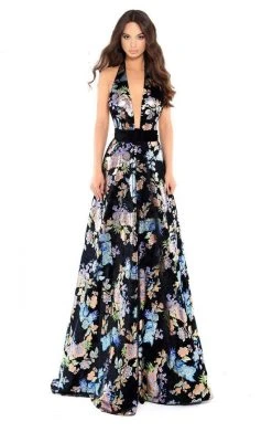 Tarik Ediz - 93727 Floral Plunging Halter A-Line Gown