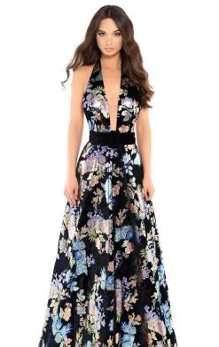 Tarik Ediz - 93727 Floral Plunging Halter A-Line Gown