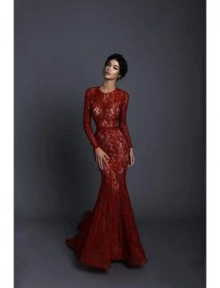 Formal Gowns Tarik Ediz - 93728 Lace Applique Jewel Neck Mermaid Dress