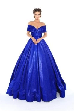 Tarik Ediz - 93730 Plunging Off-Shoulder Pleated Ballgown Formal Gowns