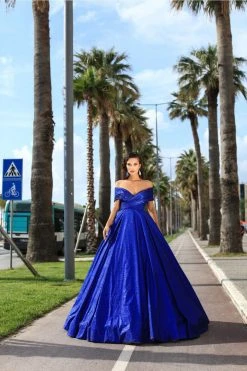 Tarik Ediz - 93730 Plunging Off-Shoulder Pleated Ballgown Formal Gowns