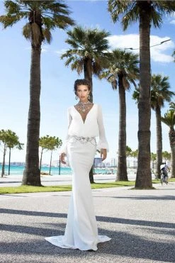 Formal Gowns Tarik Ediz - 93742 Embellished Deep V-neck Trumpet Dress