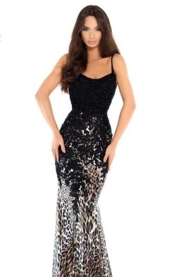 Formal Gowns Tarik Ediz - 93746 Animal Printed Beaded Trumpet Dress