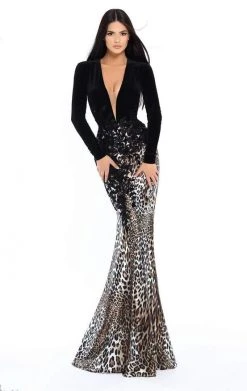 Tarik Ediz - 93747 Animal Printed Plunging Long Sleeves Dress