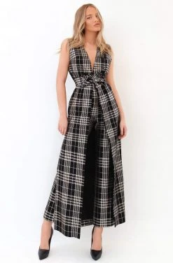 Tarik Ediz - 93803 Embellished Deep V-neck Jumpsuit Plus Size Dresses