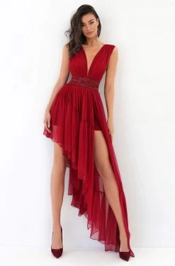 Formal Gowns Tarik Ediz - 93846 Embellished Deep V-neck High Low Dress