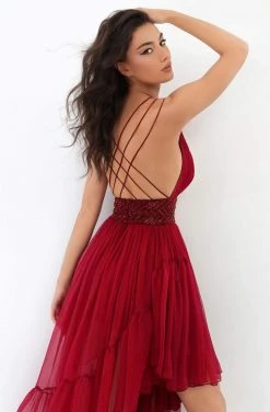 Formal Gowns Tarik Ediz - 93846 Embellished Deep V-neck High Low Dress