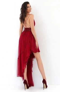 Formal Gowns Tarik Ediz - 93846 Embellished Deep V-neck High Low Dress