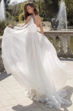 Formal Gowns Tarik Ediz - 93854 One Shoulder Beaded V Neck High Slit Chiffon Gown