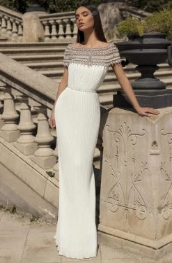 Tarik Ediz - 93863 Long Pearl-Ornate Off Shoulder Pleated Gown Formal Gowns