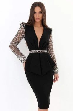 Tarik Ediz - 93880 Embellished Deep V-neck Sheath Dress