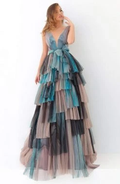 Tarik Ediz - 93896 Deep V-neck Layered A-line Dress Formal Gowns