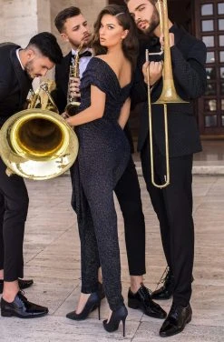 Tarik Ediz - 93909 Plunging Off-Shoulder Jumpsuit Plus Size Dresses