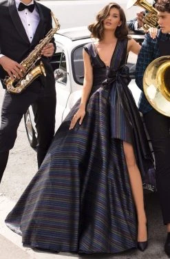 Tarik Ediz - 93910 Deep V-neck Ballgown With Bow Accent Formal Gowns