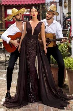 Tarik Ediz - 93913 Ruched Plunging V-Neck Dress With Overskirt