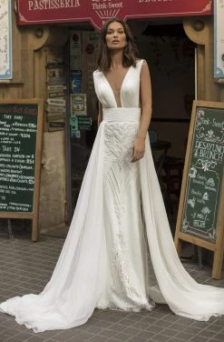 Tarik Ediz - 93913 Ruched Plunging V-Neck Dress With Overskirt