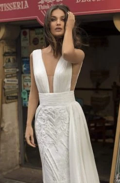 Tarik Ediz - 93913 Ruched Plunging V-Neck Dress With Overskirt