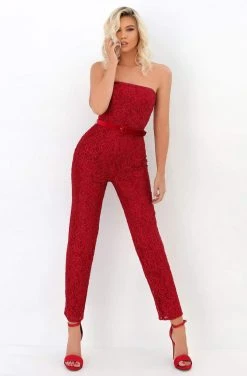 Plus Size Dresses Tarik Ediz - 93916 Strapless Lace Jumpsuit With Chiffon Overlay