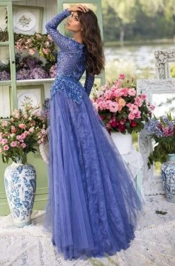 Tarik Ediz - 93931 Sexy V-Neck Lace A-Line Dress Formal Gowns