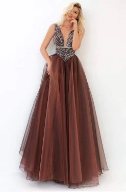 Tarik Ediz - 93939 V-Neck Bejeweled A-Line Dress Formal Gowns