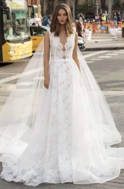 Tarik Ediz - 93964 Sexy V-Neck Lace Caped A-Line Dress