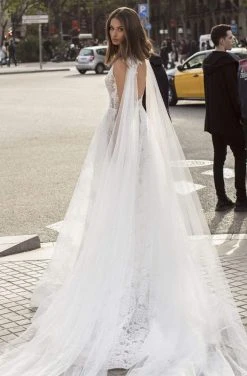 Tarik Ediz - 93964 Sexy V-Neck Lace Caped A-Line Dress