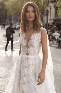 Tarik Ediz - 93964 Sexy V-Neck Lace Caped A-Line Dress