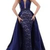 Tarik Ediz - Embellished Deep V-neck Lace Dress With Overskirt 50430 - 1 Pc Navy In Size 4 Available